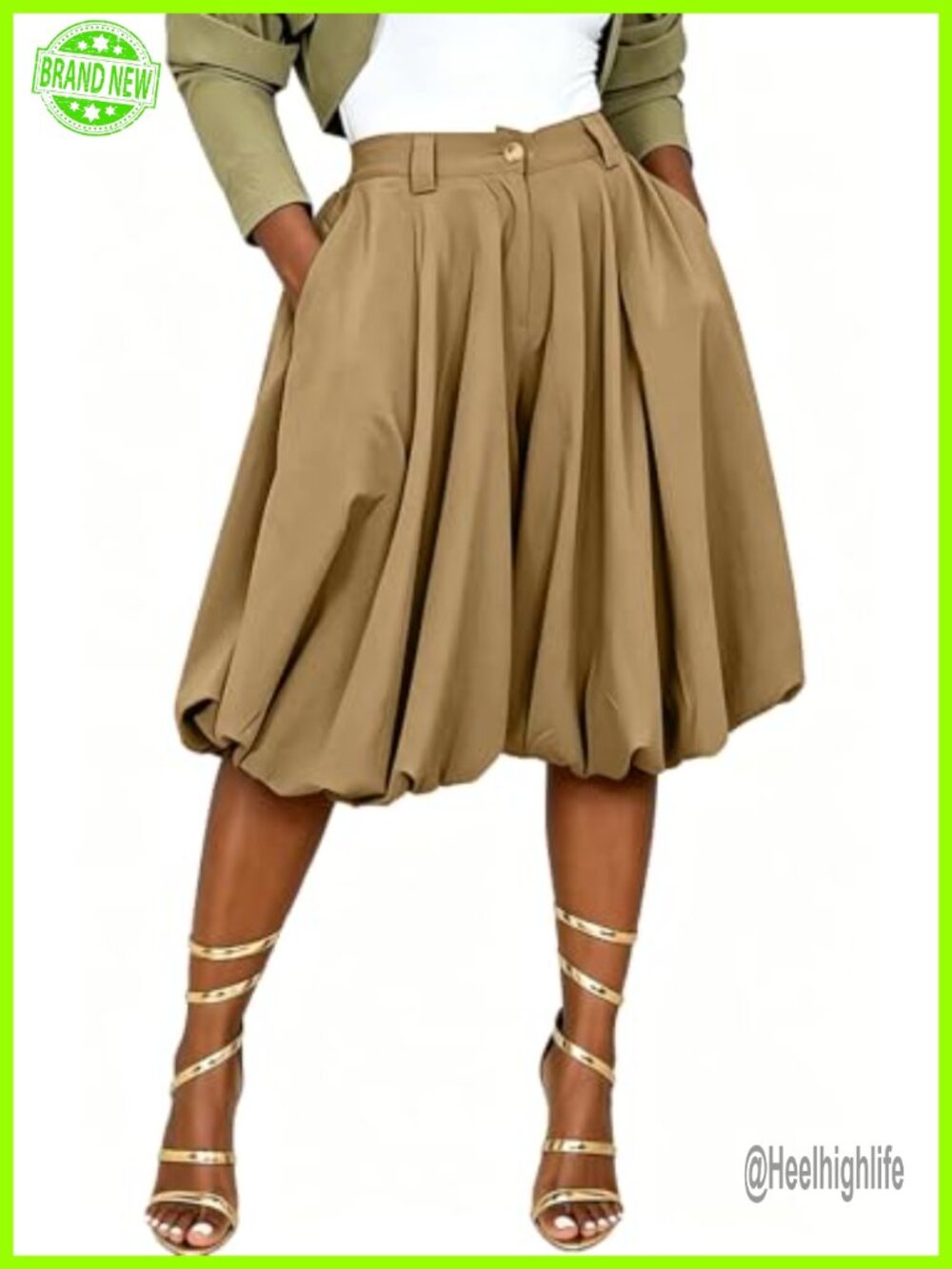 Pleated High Waist Bermuda Shorts Bubble Wide Leg Polyester Spandex